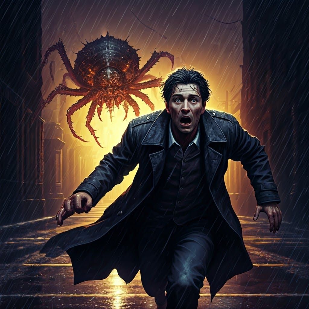 Terrified Man Fleeing Grotesque Insect in Dark Fantasy Art