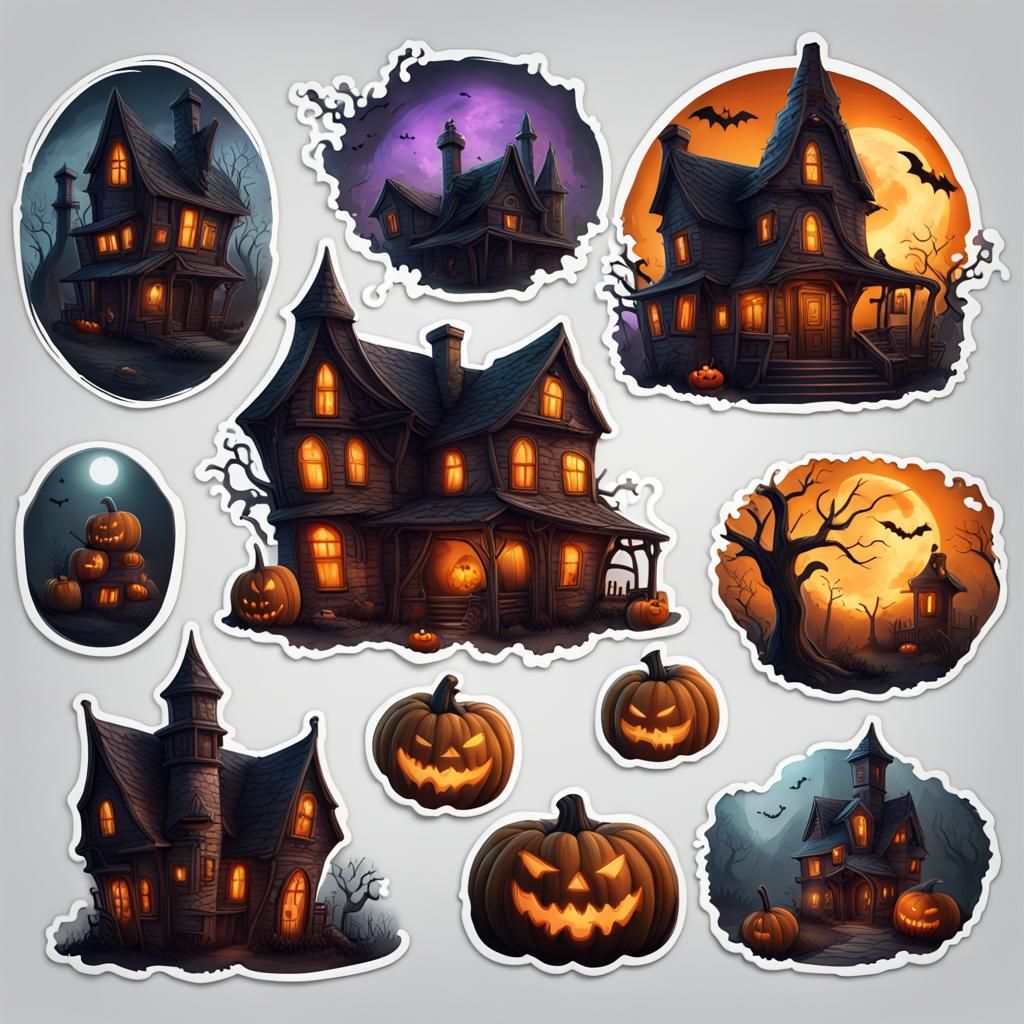 Spooky Haunted Village Stickers for Halloween