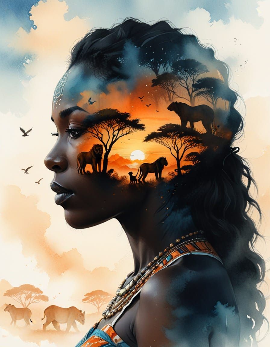 African Silhouette Double Exposure Savannah Watercolor