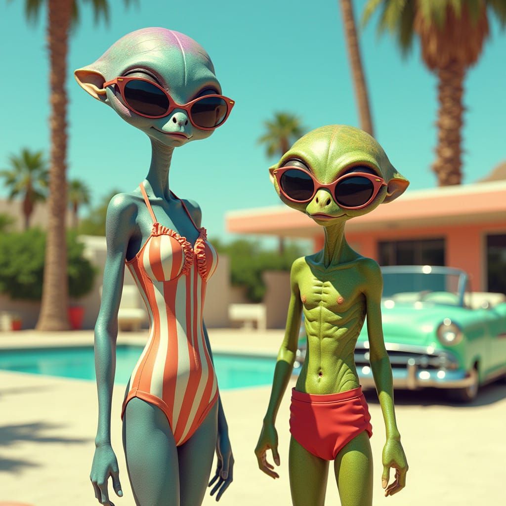 Aliens Soak Up Retro Palm Springs Vibes in Swimwear