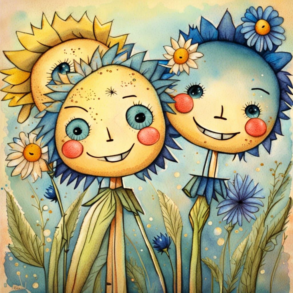 Happy Puppets Enjoying Summer Sunrise in Flat 2D Style