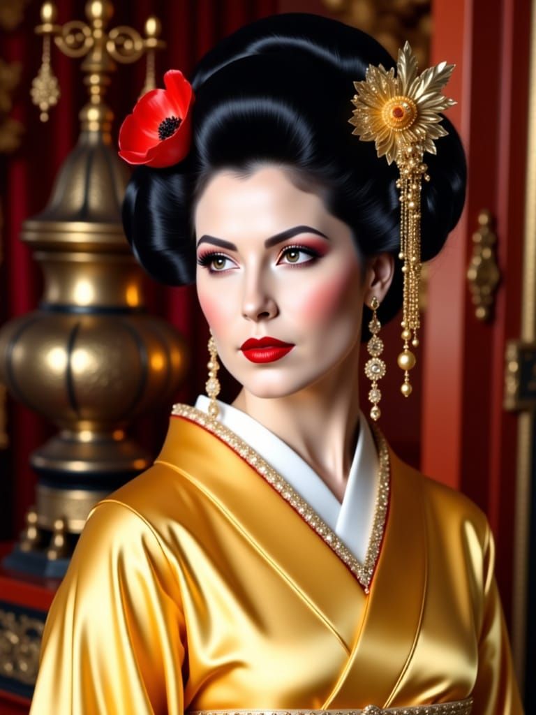 Elegant Woman in Yellow Geisha Kimono with Gold Jewelry
