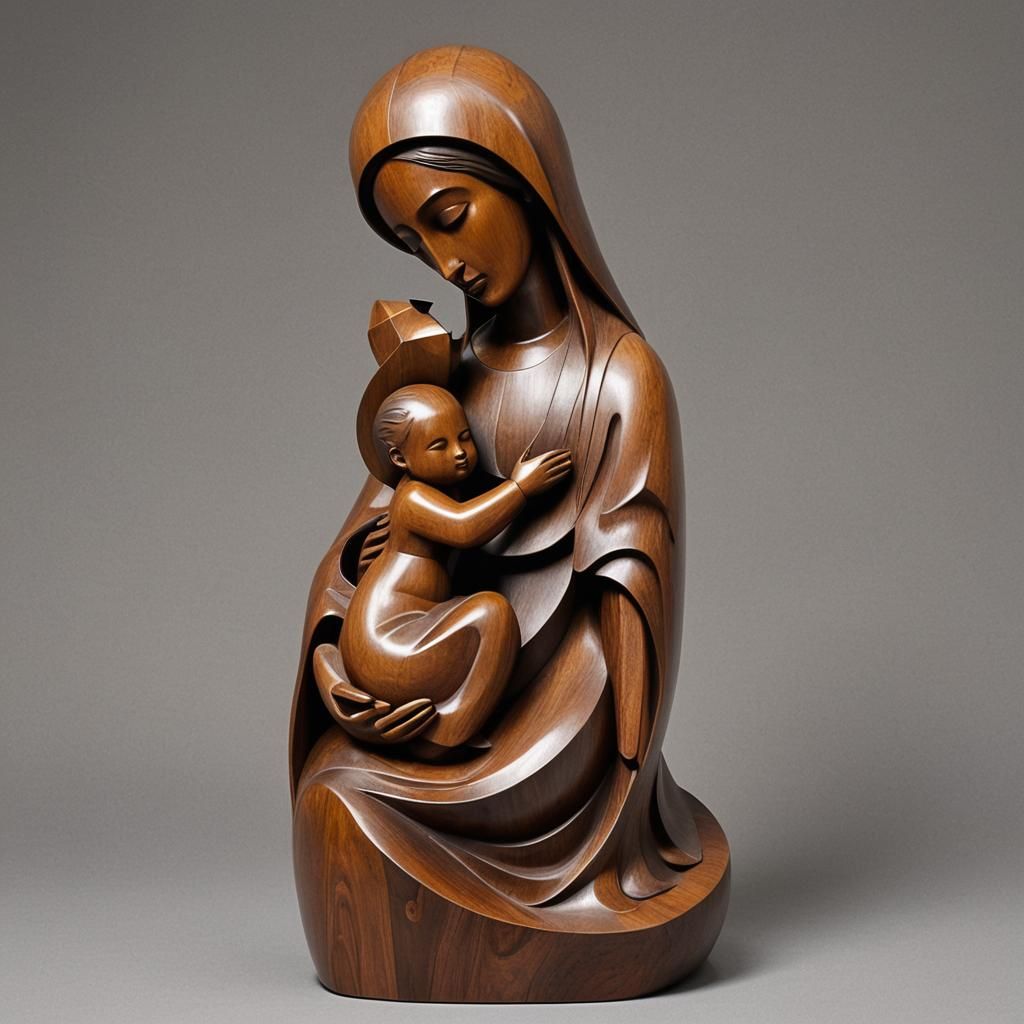 Abstract Rosewood Sculpture: Mary and Jesus