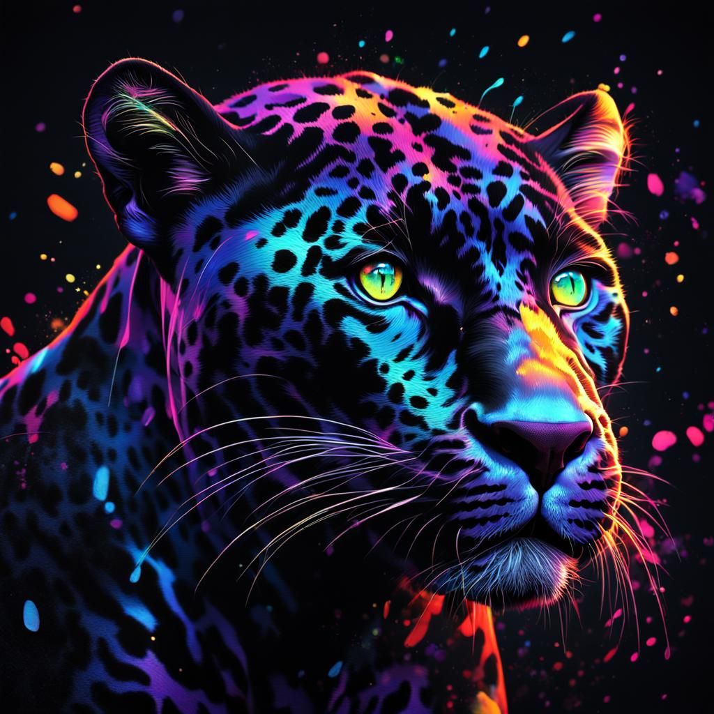 Black Jaguar with Neon Iridescent Paint Splashes