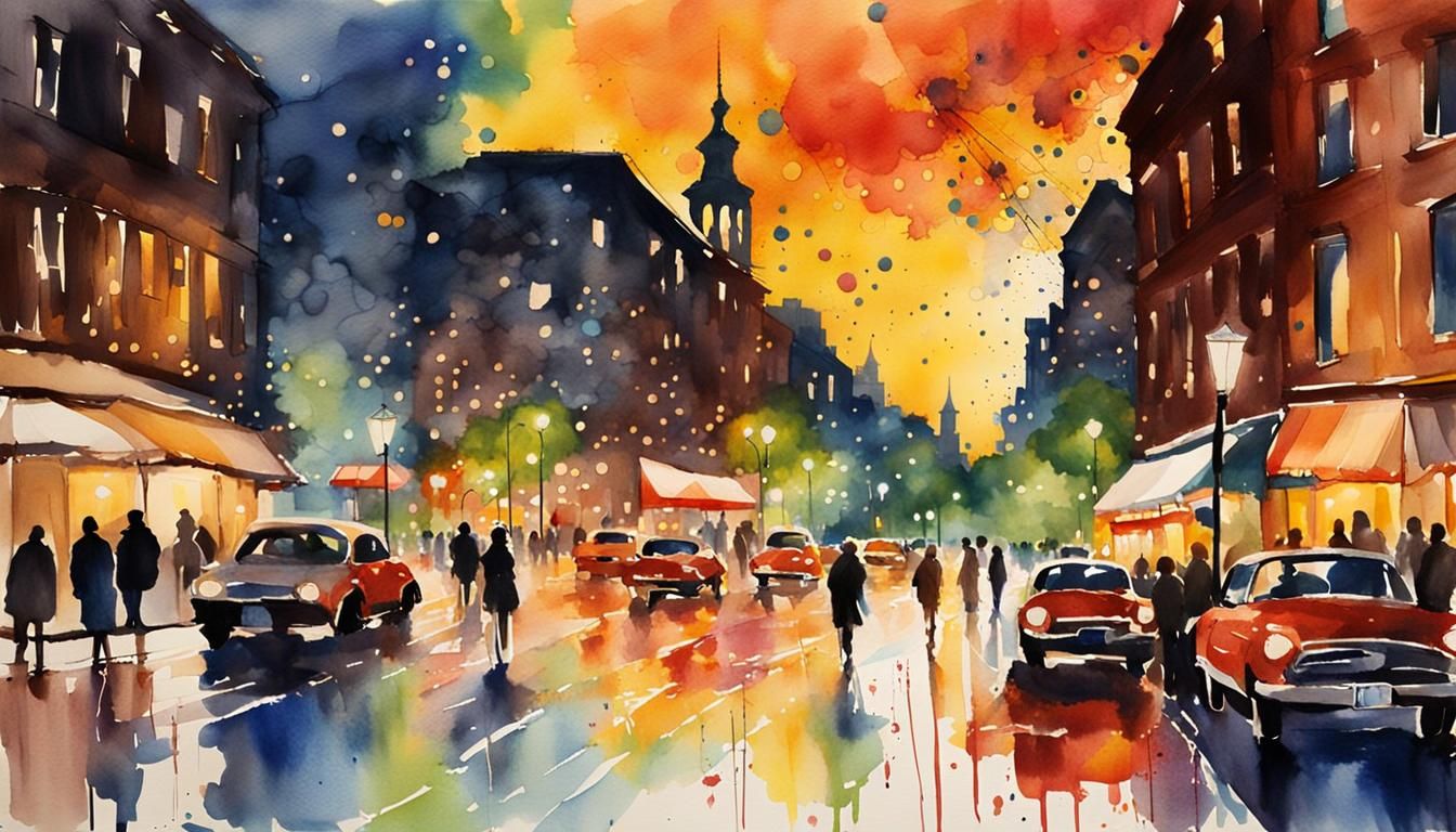 Nighttime Cityscape in Watercolor Style