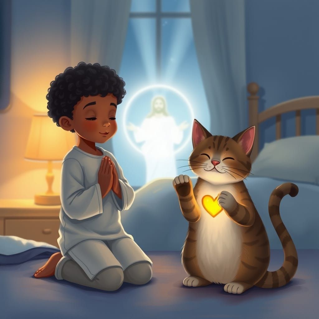 Child and Cat Pray Together in Peaceful Bedroom Scene