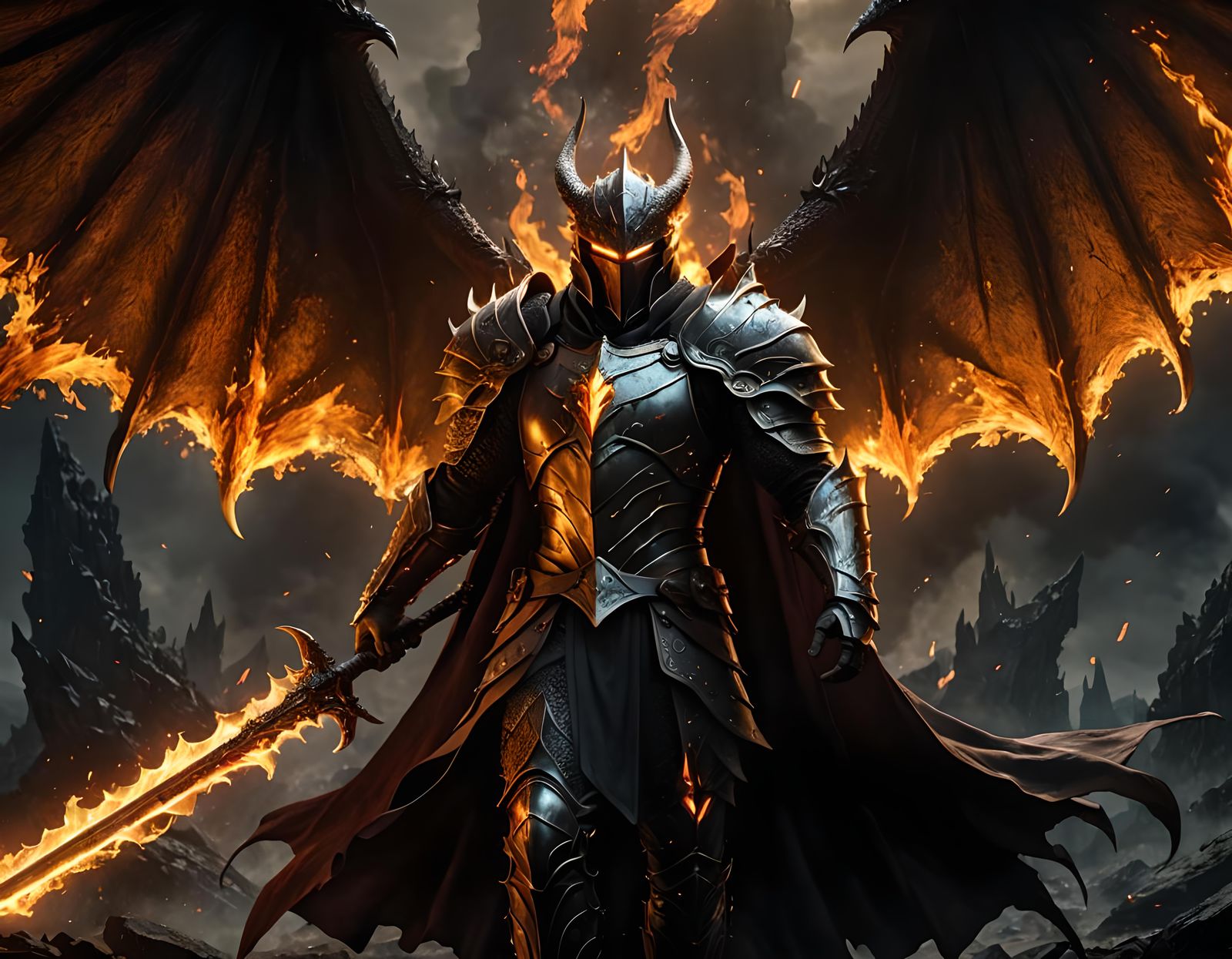 Victorious Warrior with Flaming Swords in Dark Fantasy Style