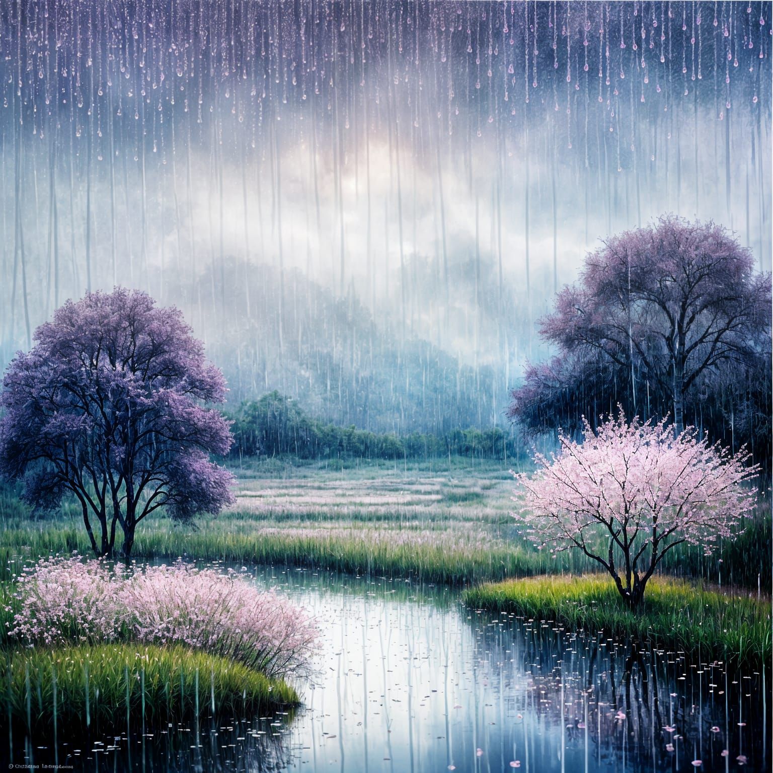 Pointillist Asian Landscape Through Rain-Covered Window