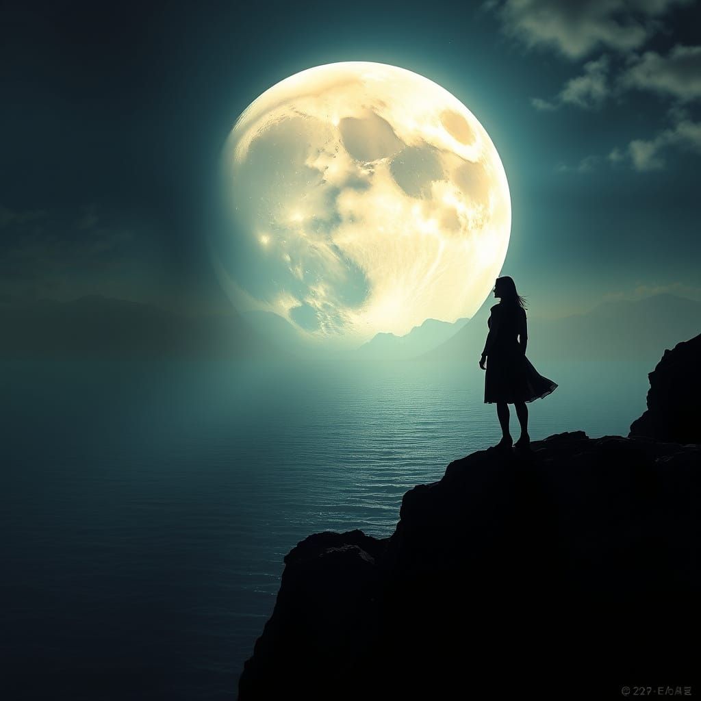 Couple Silhouetted Against Giant Moon on Cliff