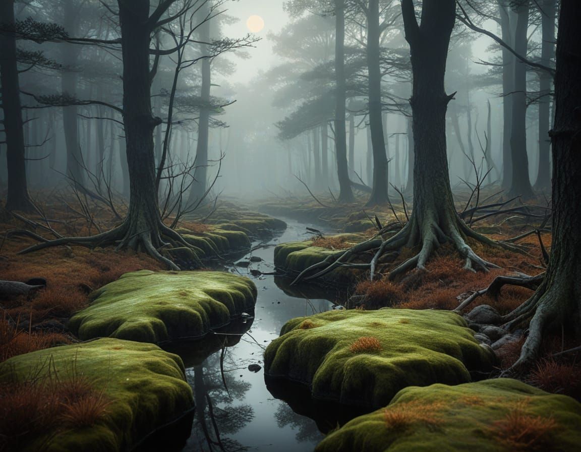 Surrealistic Landscape with Glowing Crystals in a Foggy Bog