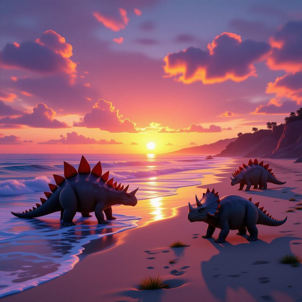 Jurassic Beach Sunset with Dinosaurs in Cinematic 3D