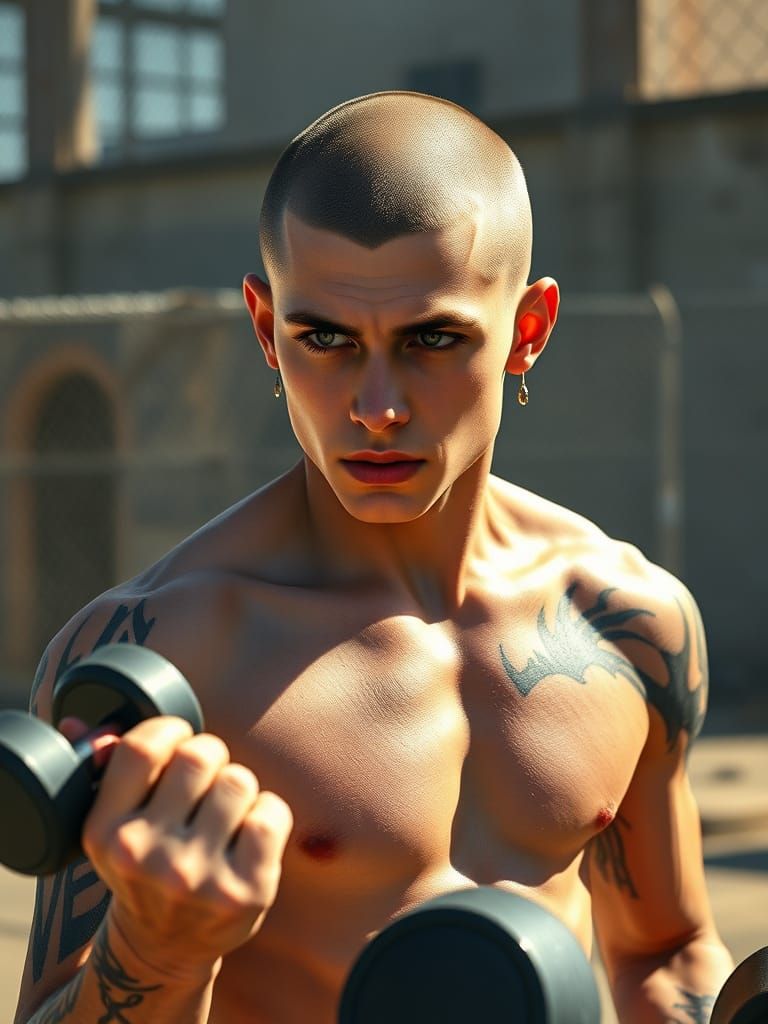 Athletic Prisoner Exercising in Sunlit Yard