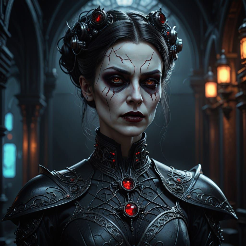 Cyberpunk Vampire Woman in Gothic Victorian Setting