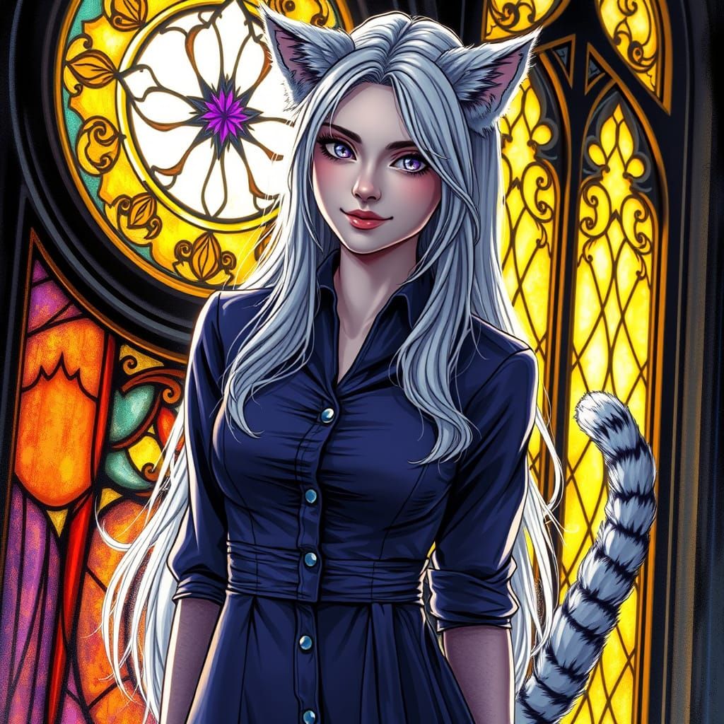 Silver Haired Warrior Woman by Stained Glass Window