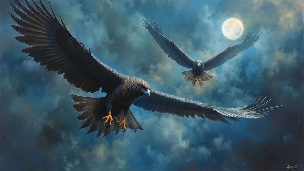 Birds of Prey Soaring in Dark Oil Paint Style