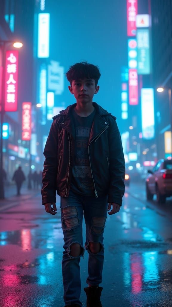 Cyberpunk Teen in Rainy Futuristic Street