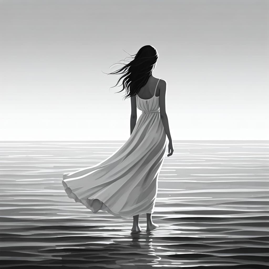 Woman at Ocean's Edge in Sumi-e Style