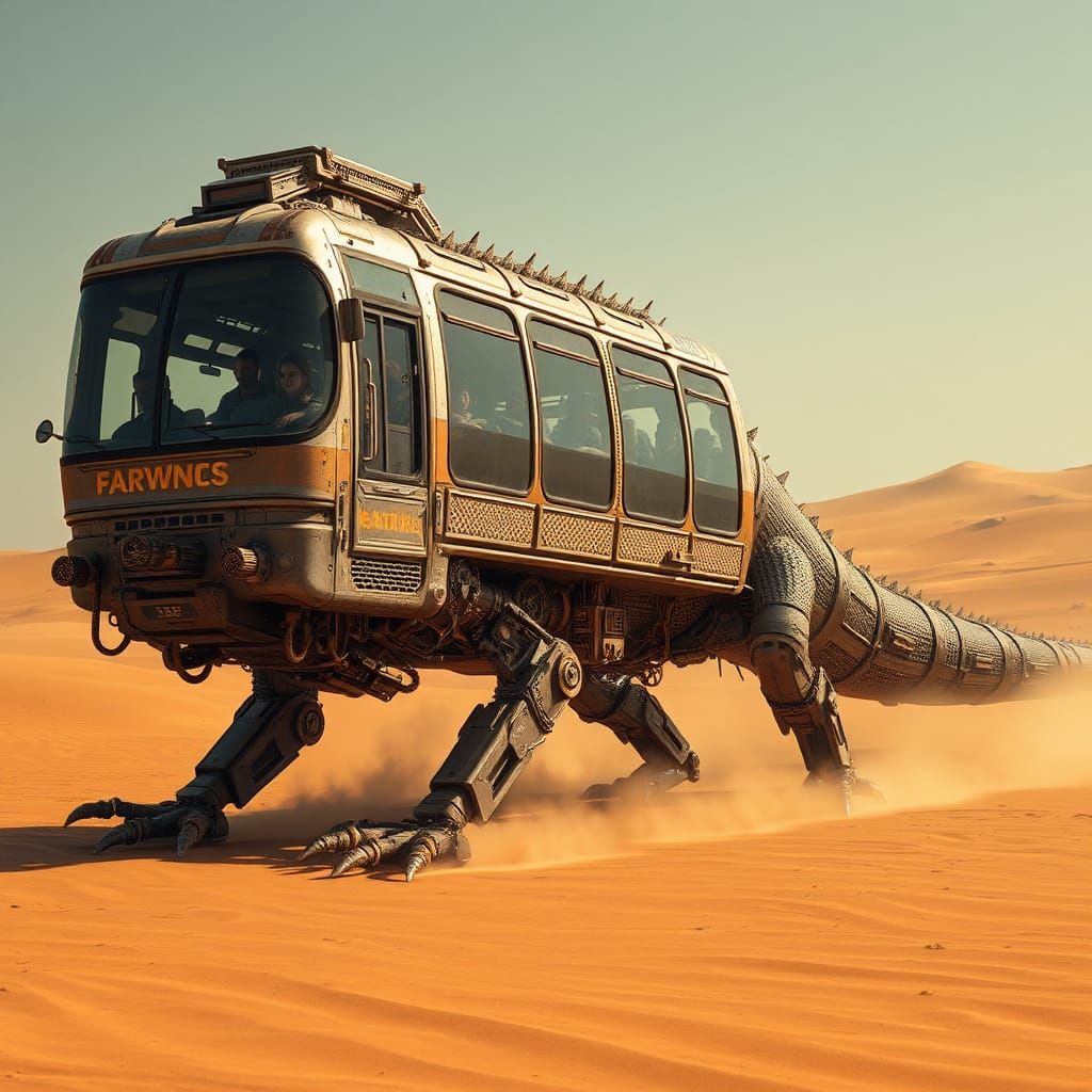 Mechanized Lizard Bus in Sun-scorched Desert