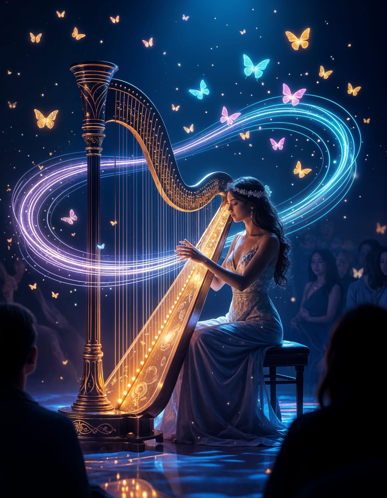 Magical Musician with Crystalline Harp Creates Glowing Music