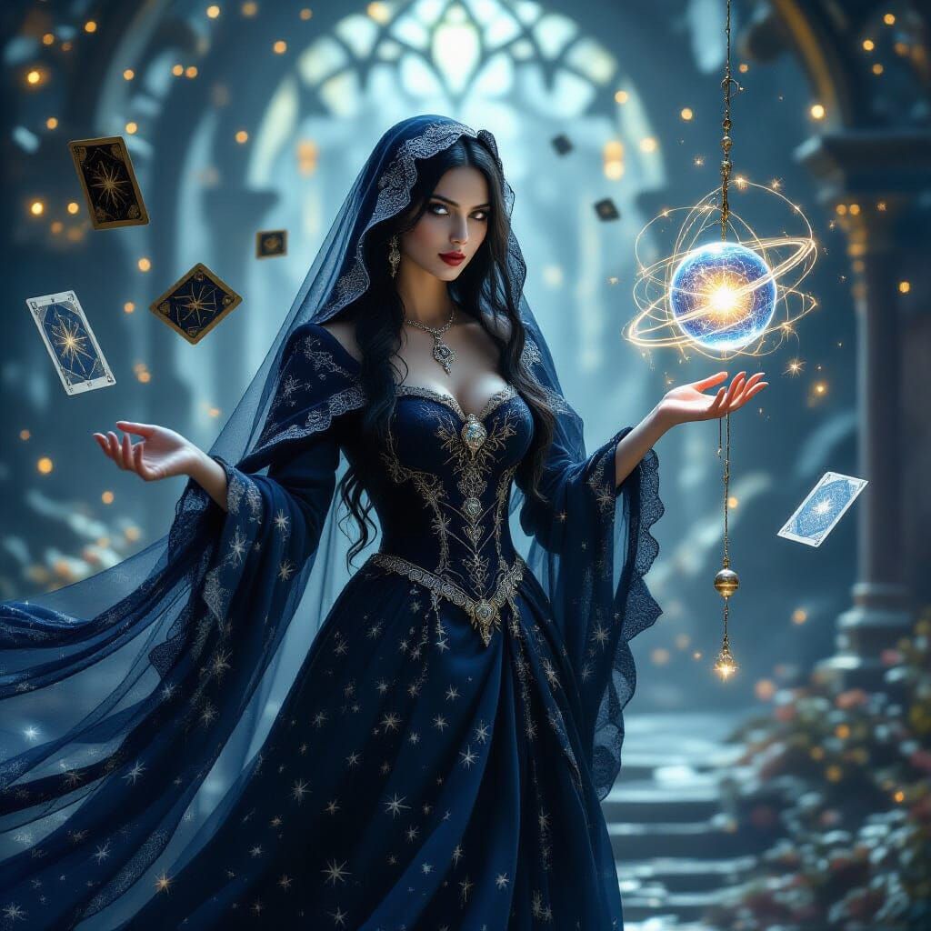 Victorian Seer in Starlit Dreamscape with Pendulum