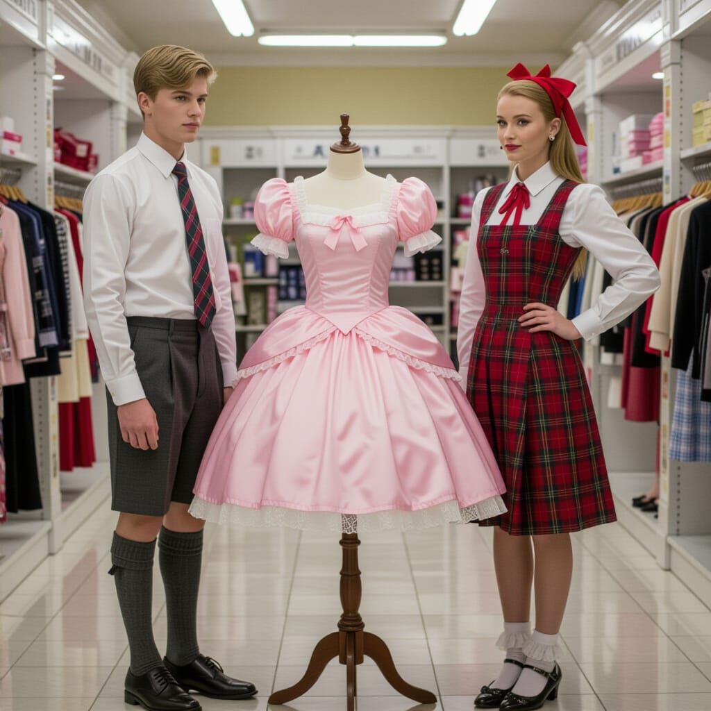 Masculine Man in Princess Dress in Clothing Store