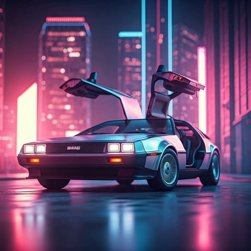 DeLorean in Neon City: Synthwave Digital Art