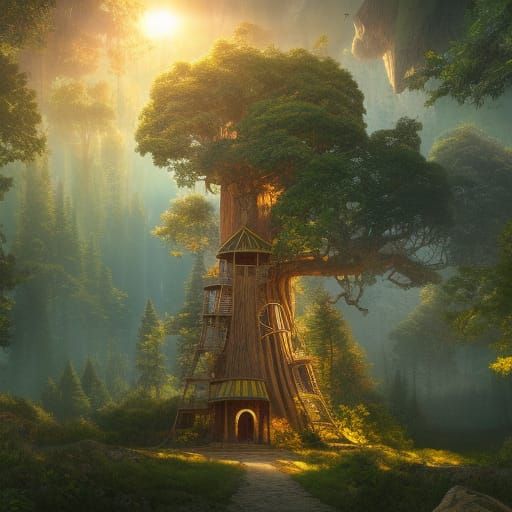 Sequoia Treehouse: Majestic Fantasy Concept Art
