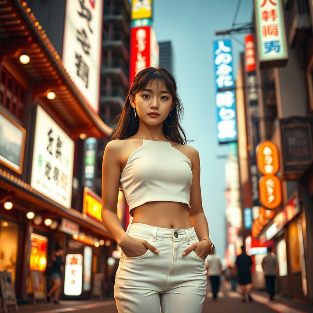 Tokyo Street Scene: Japanese Woman in Neon Glow