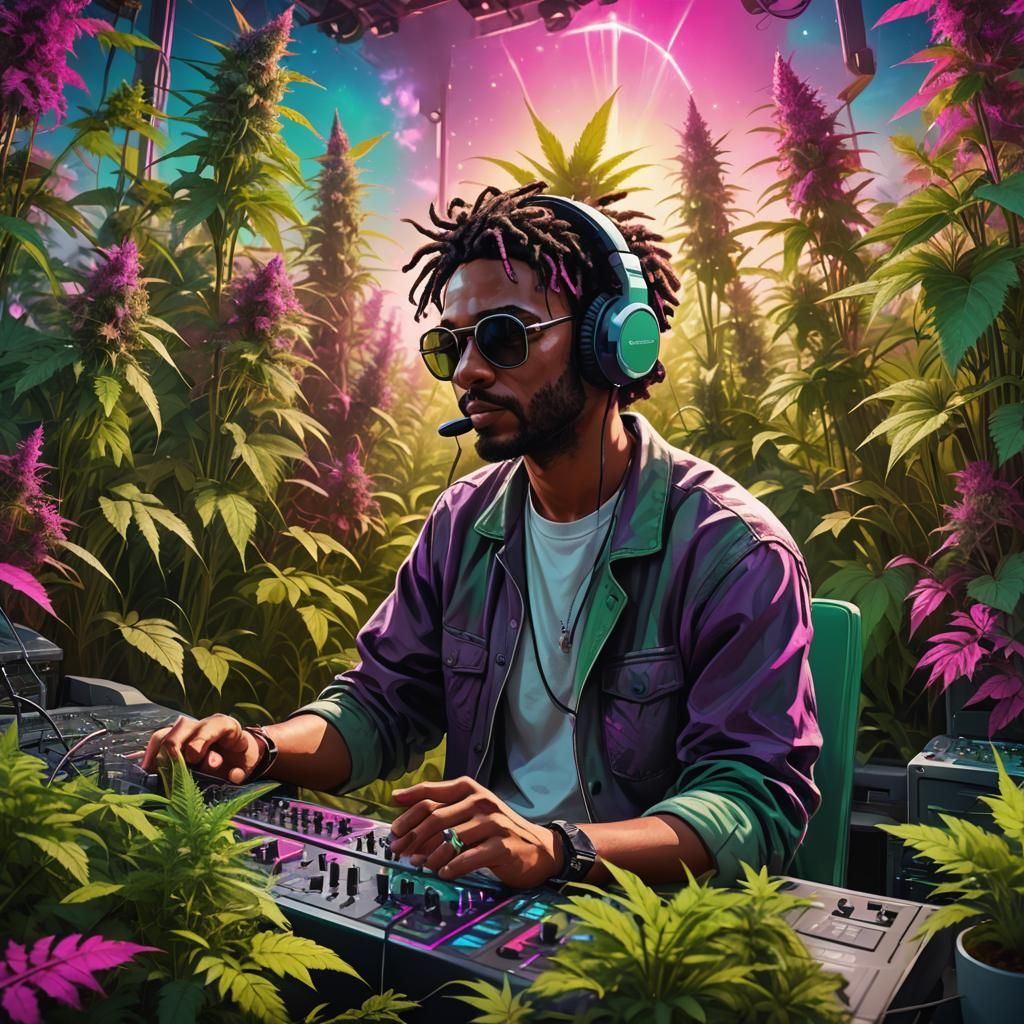 Music Producer's Studio in Marijuana Field: Digital Art