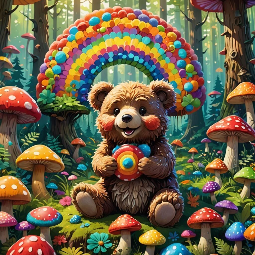 Psychedelic Teddy Bear Feast: 3D Digital Art