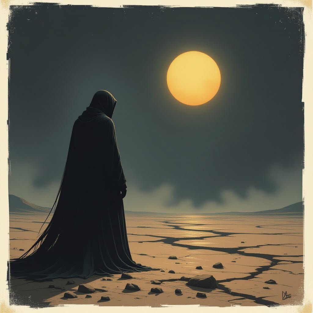 Ominous Figure in Desolate Landscape at Noon