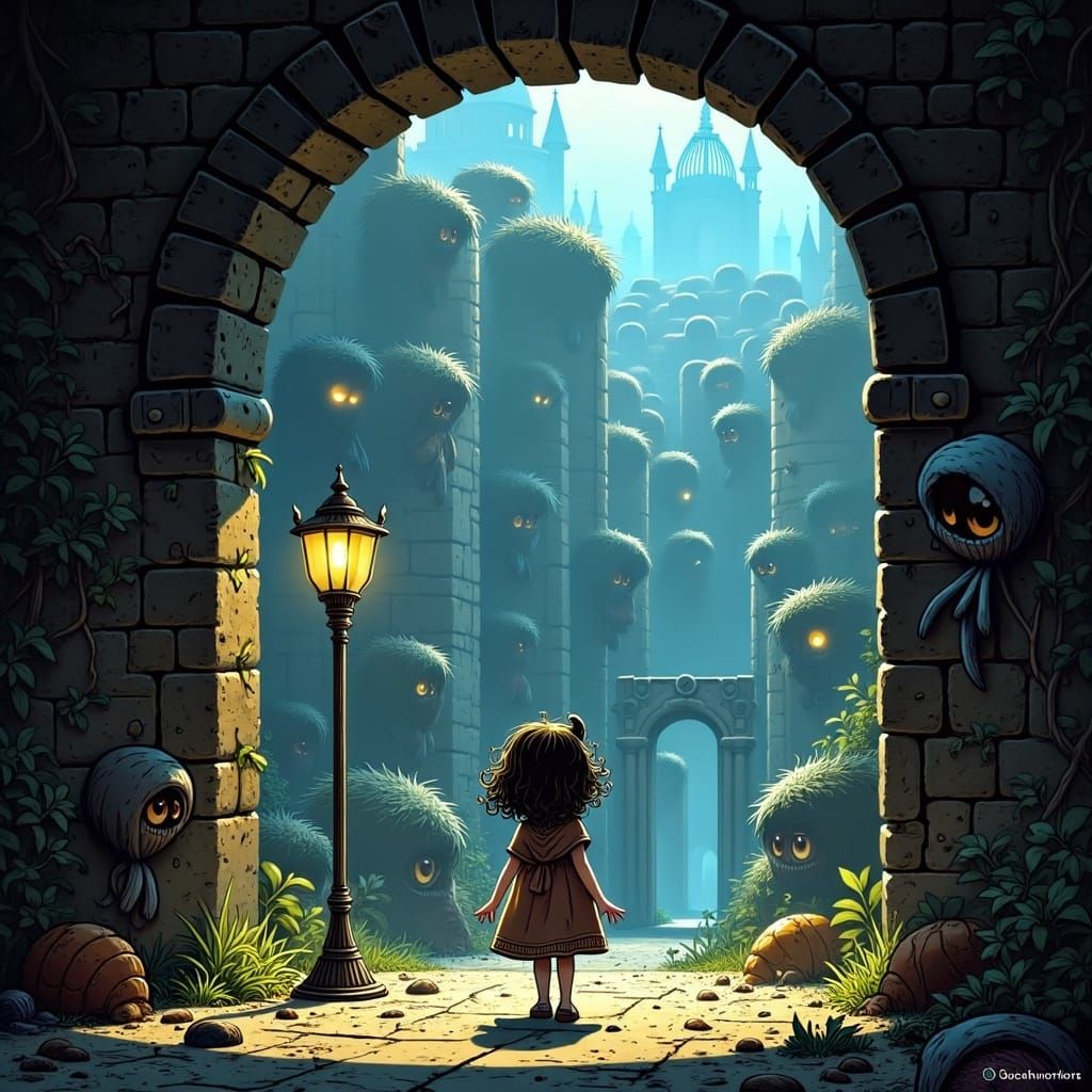 Girl at Labyrinth Entrance with Strange Creatures