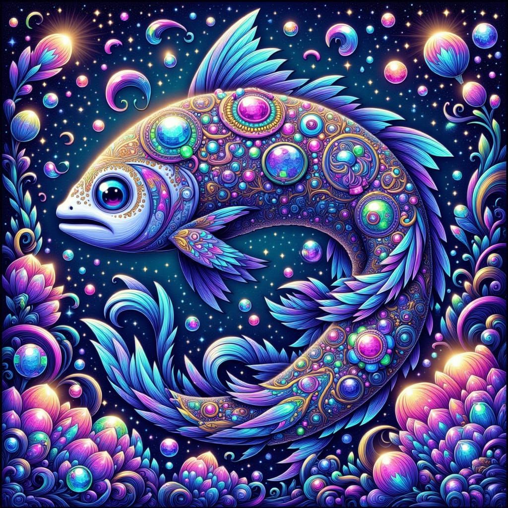 Wise Salmon in Fantastical Otherworldly Scene
