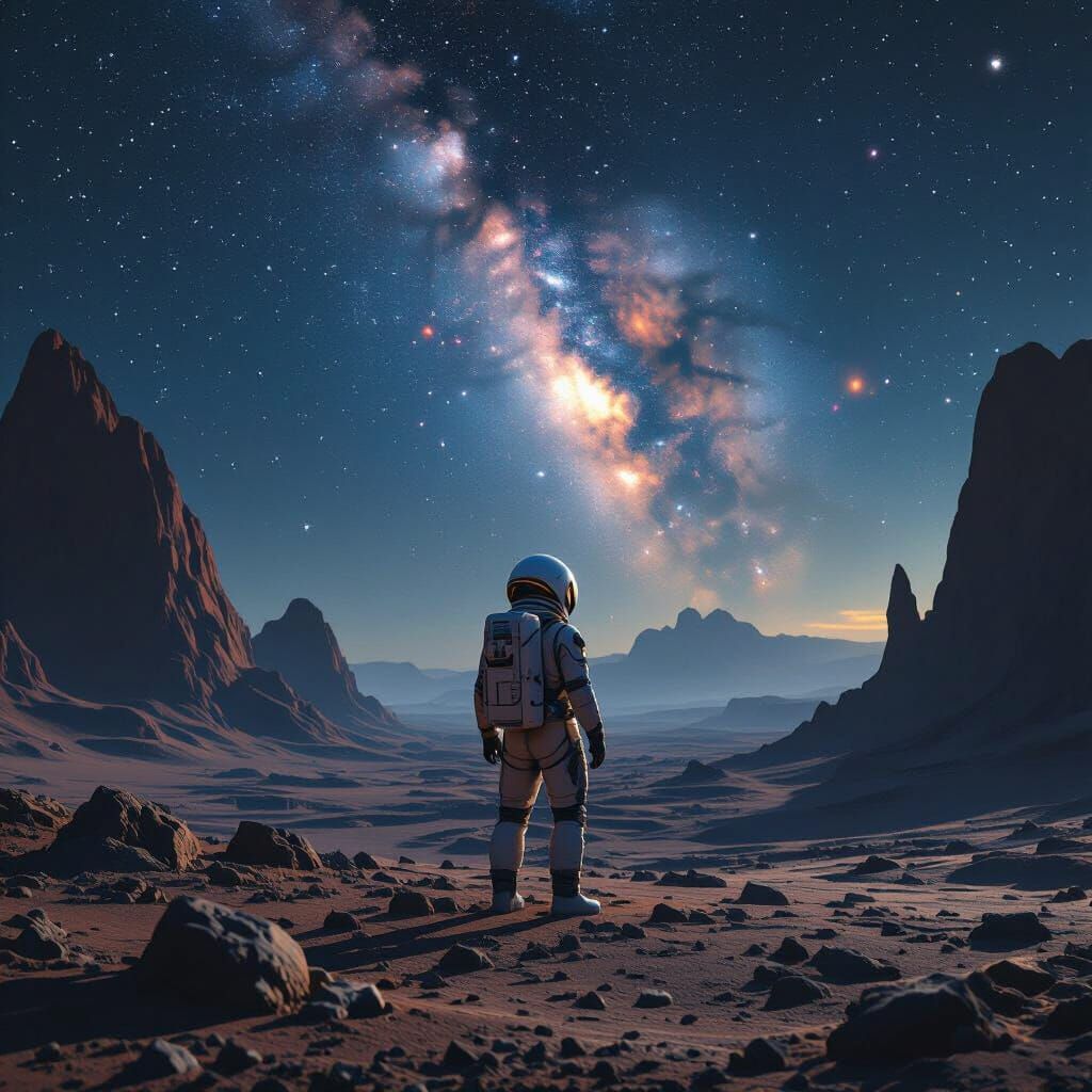 Astronaut Gazing at Nebula on Alien Planet