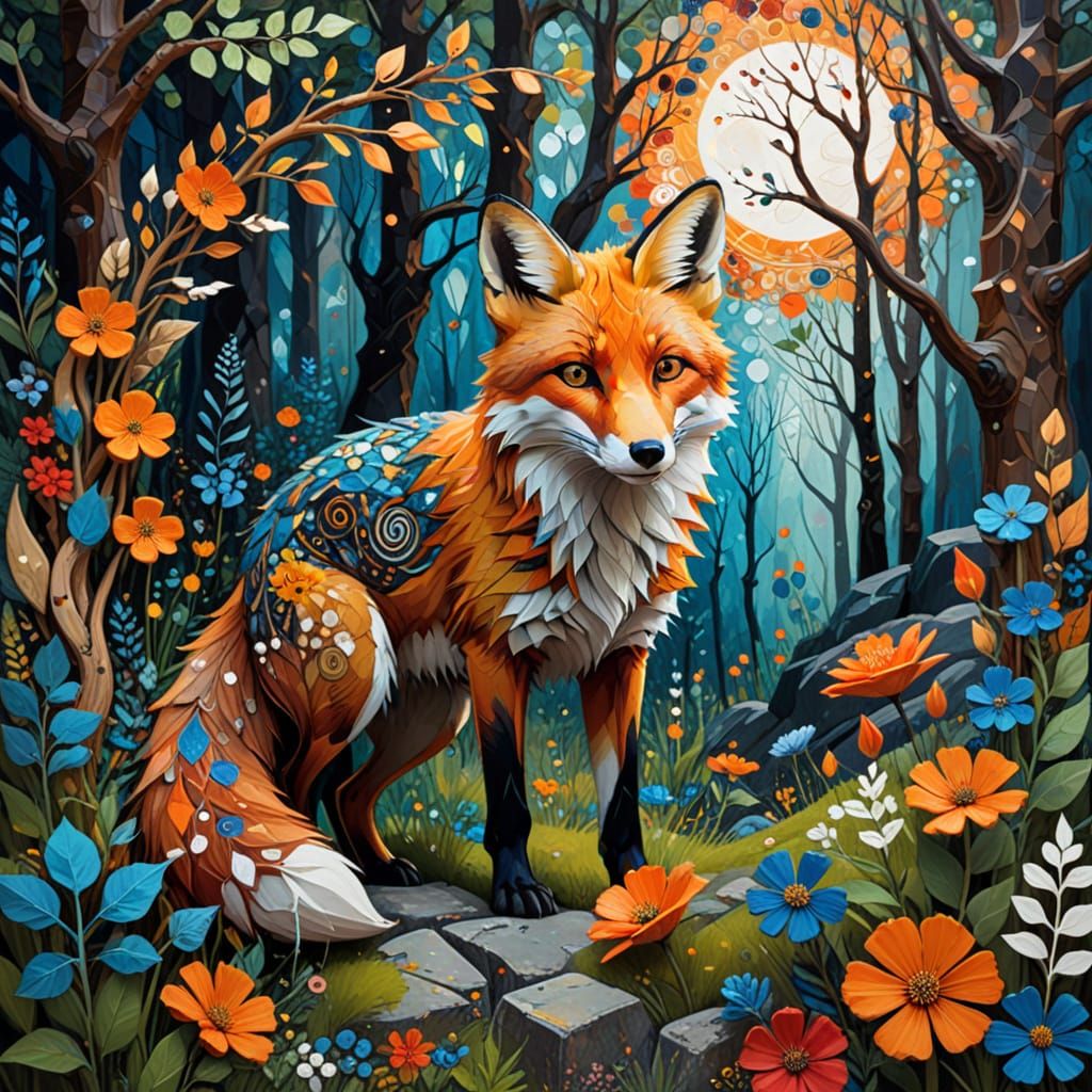 Surreal Fox in Vibrant Forest Landscape with Celtic Symbols