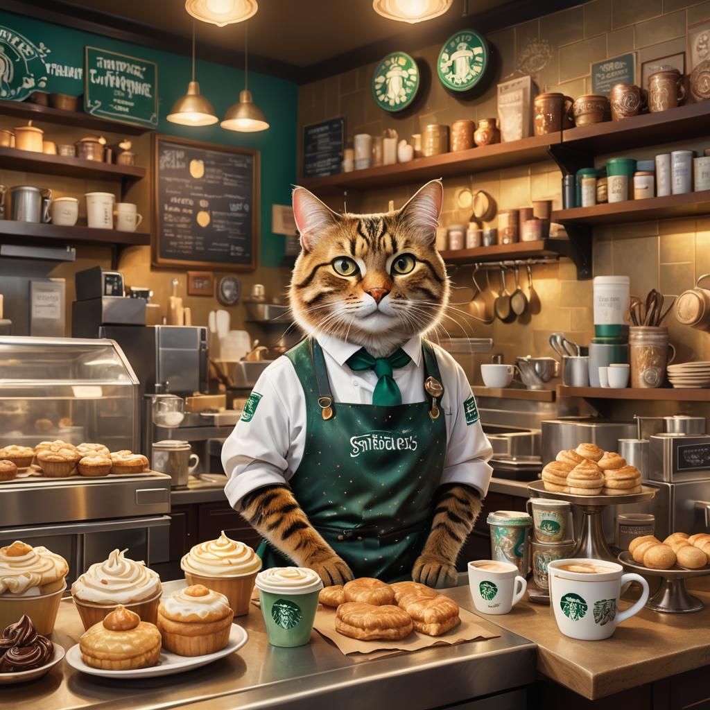 Cat Barista in Whimsical Concept Art
