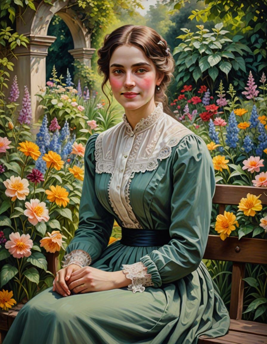 Victorian Lady in Lush Garden, Oil on Canvas