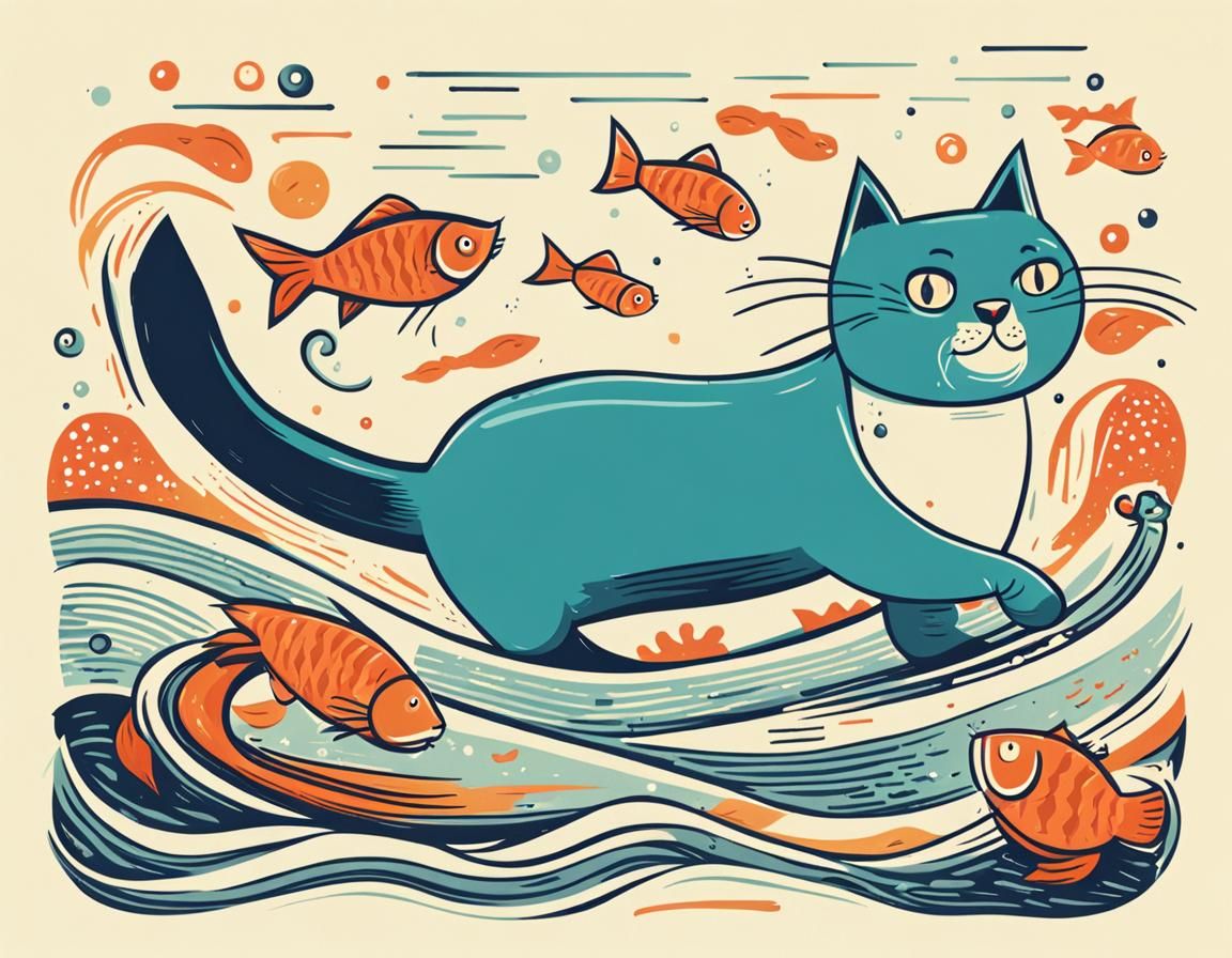 Whimsical Cartoon Cat Chasing Fish Illustration