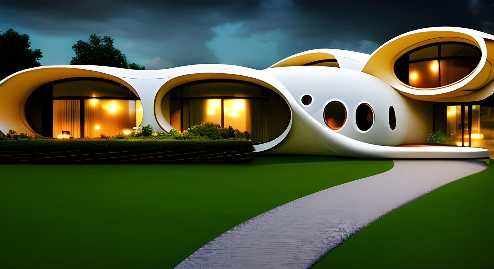 Futuristic House Exterior in Lush Countryside at Night