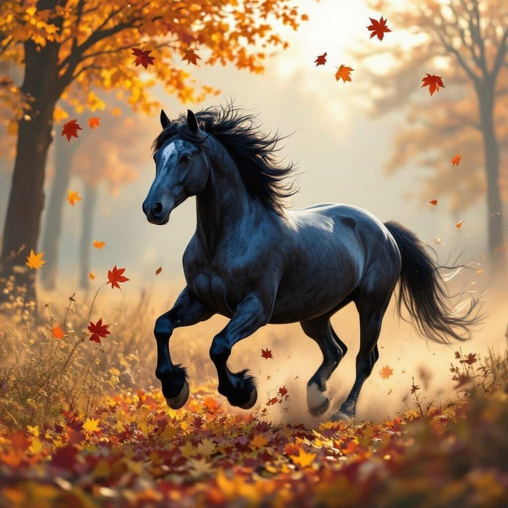 Blue Roan Horse Galloping Through Autumn Leaves