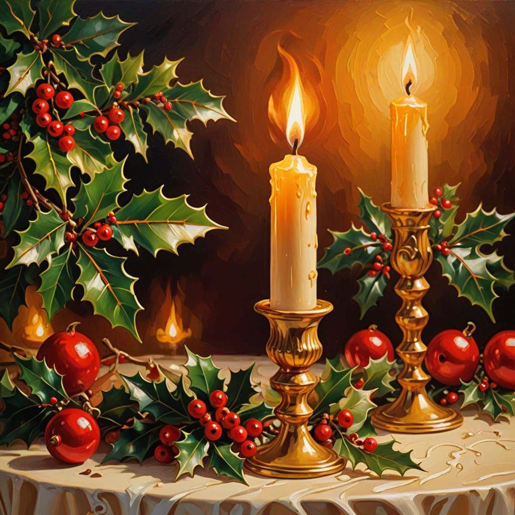 Vibrant Christmas Candle Oil Painting
