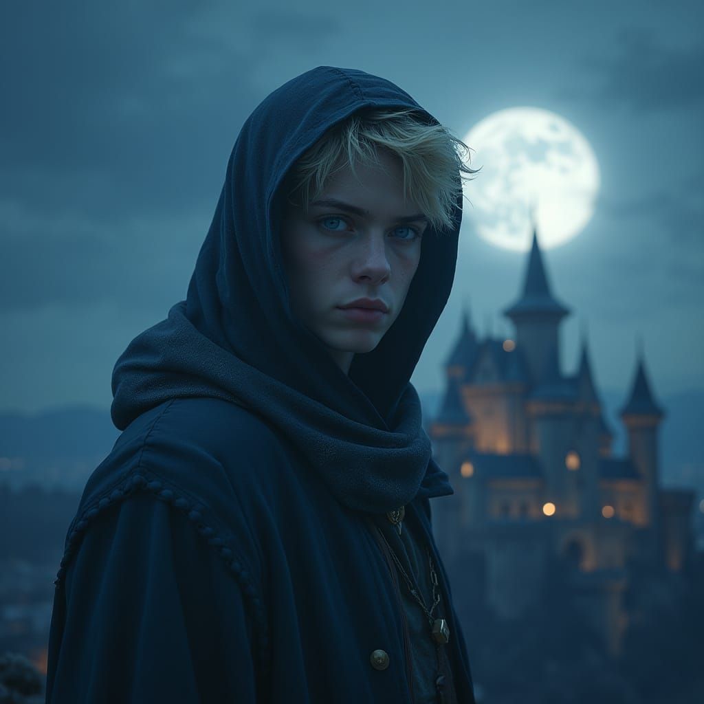 Mysterious Young Rogue Stands Guard at Castle Dusk