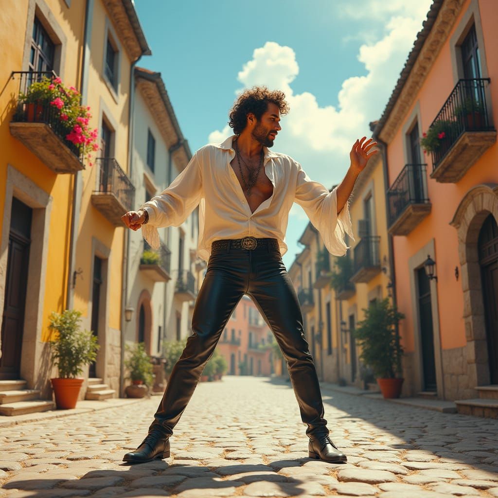 Bohemian Performer in Sun-Drenched Village Square