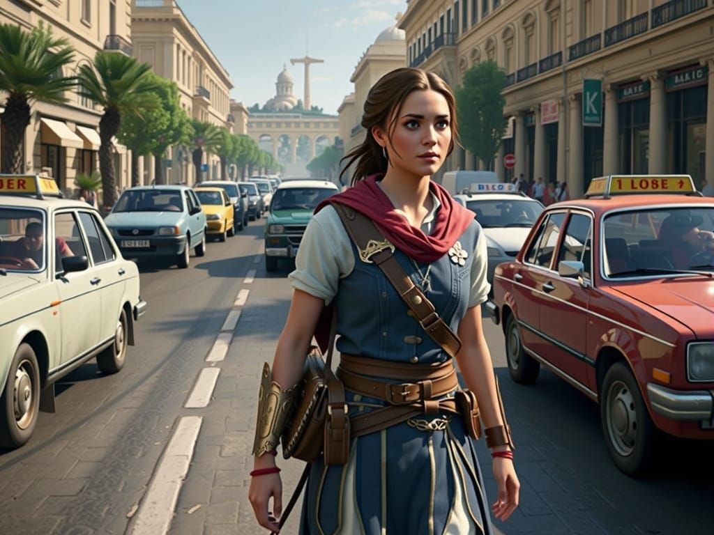 Kassandra as Modern Tour Guide in Athens Streets