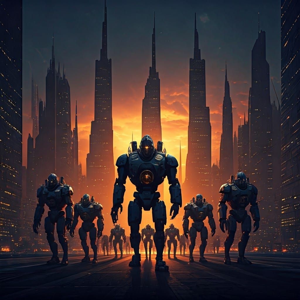 Futuristic Robot Army in Metropolis, Digital Art
