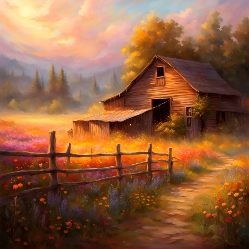 Rustic Barn in Wildflower Field at Sunset, Ethereal Fantasy ...