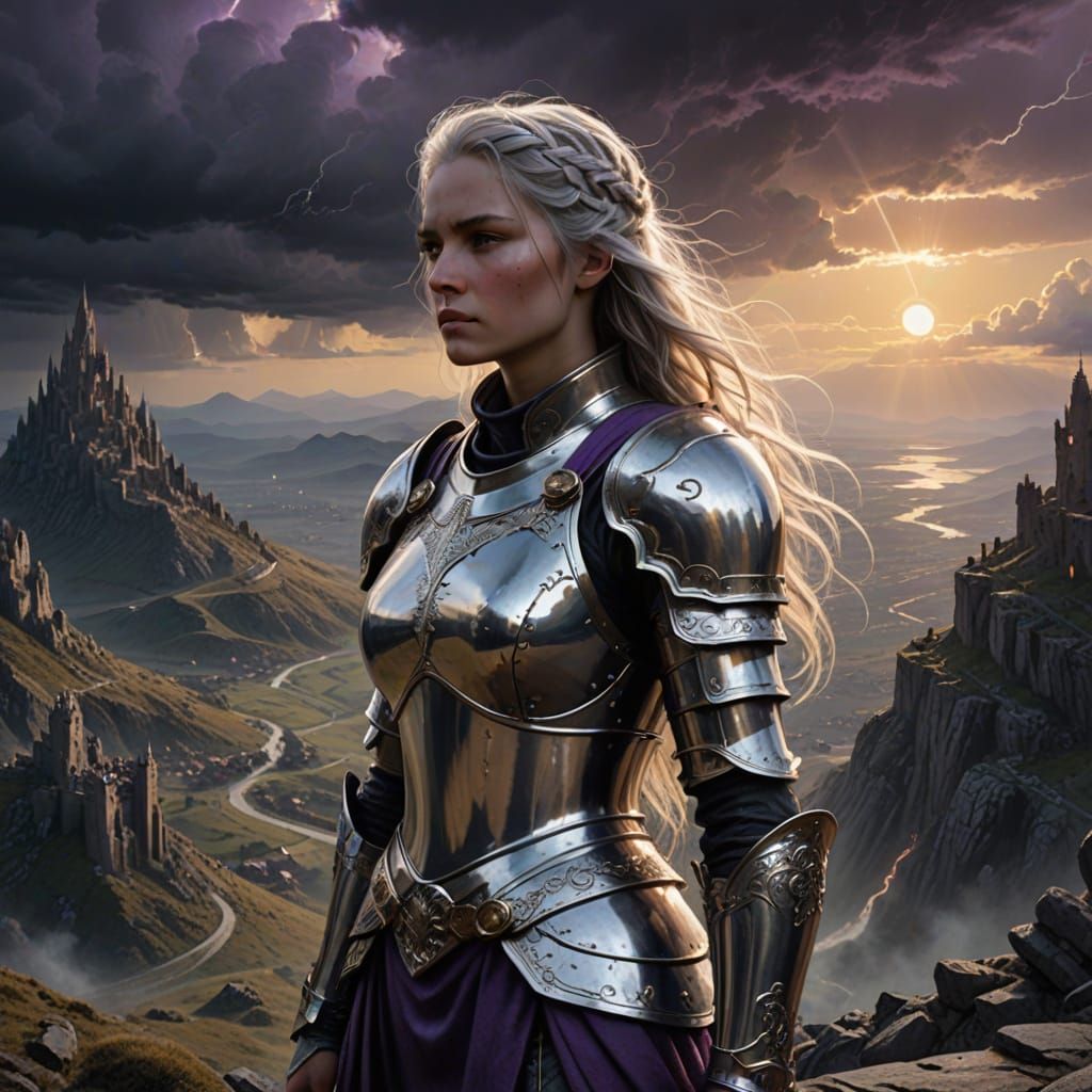 Female Knight Overlooking Ruined City in Painterly Style