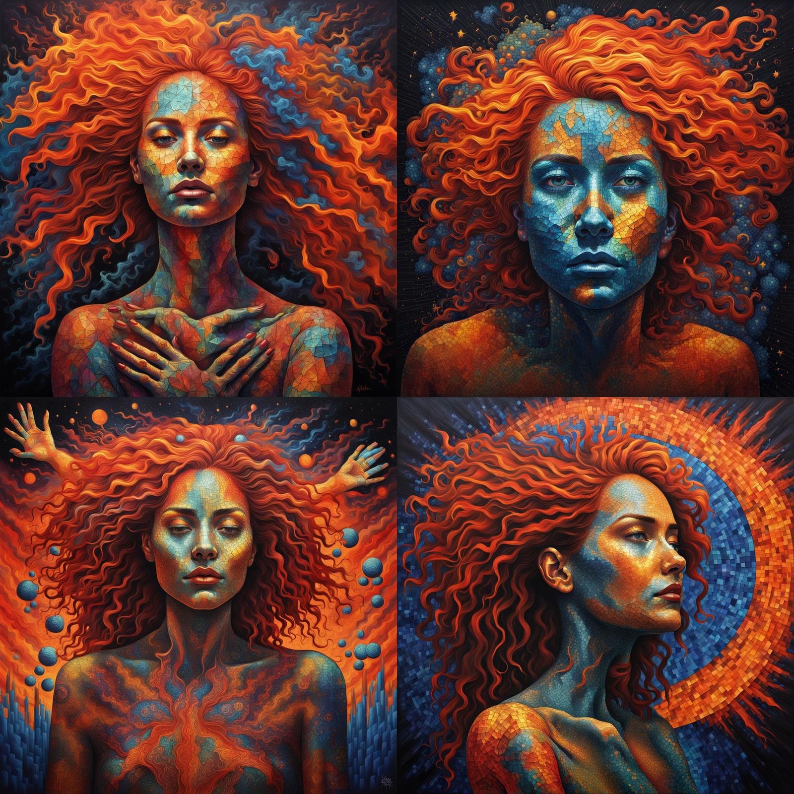 Woman with Repeated Faces in Neon Colors