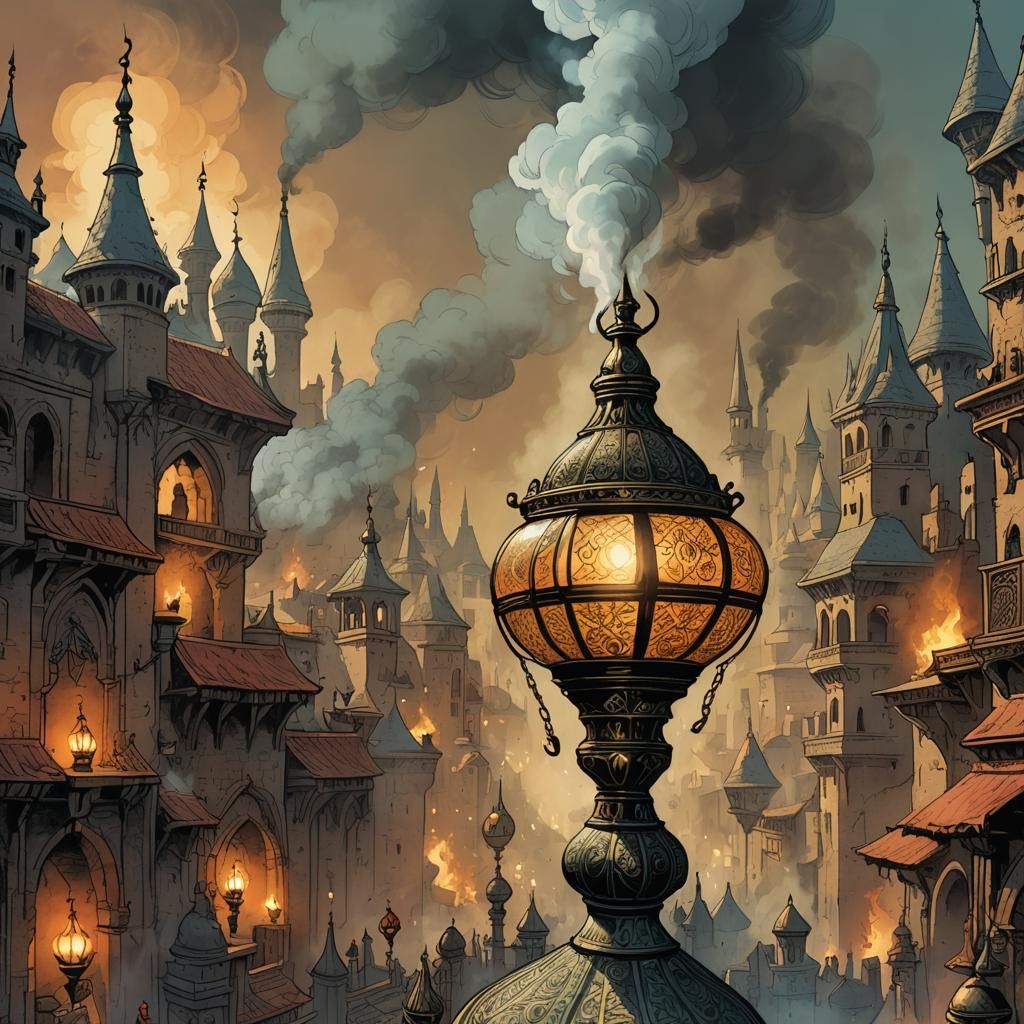Efreet Rising from Djinn Lamp in Arabian City