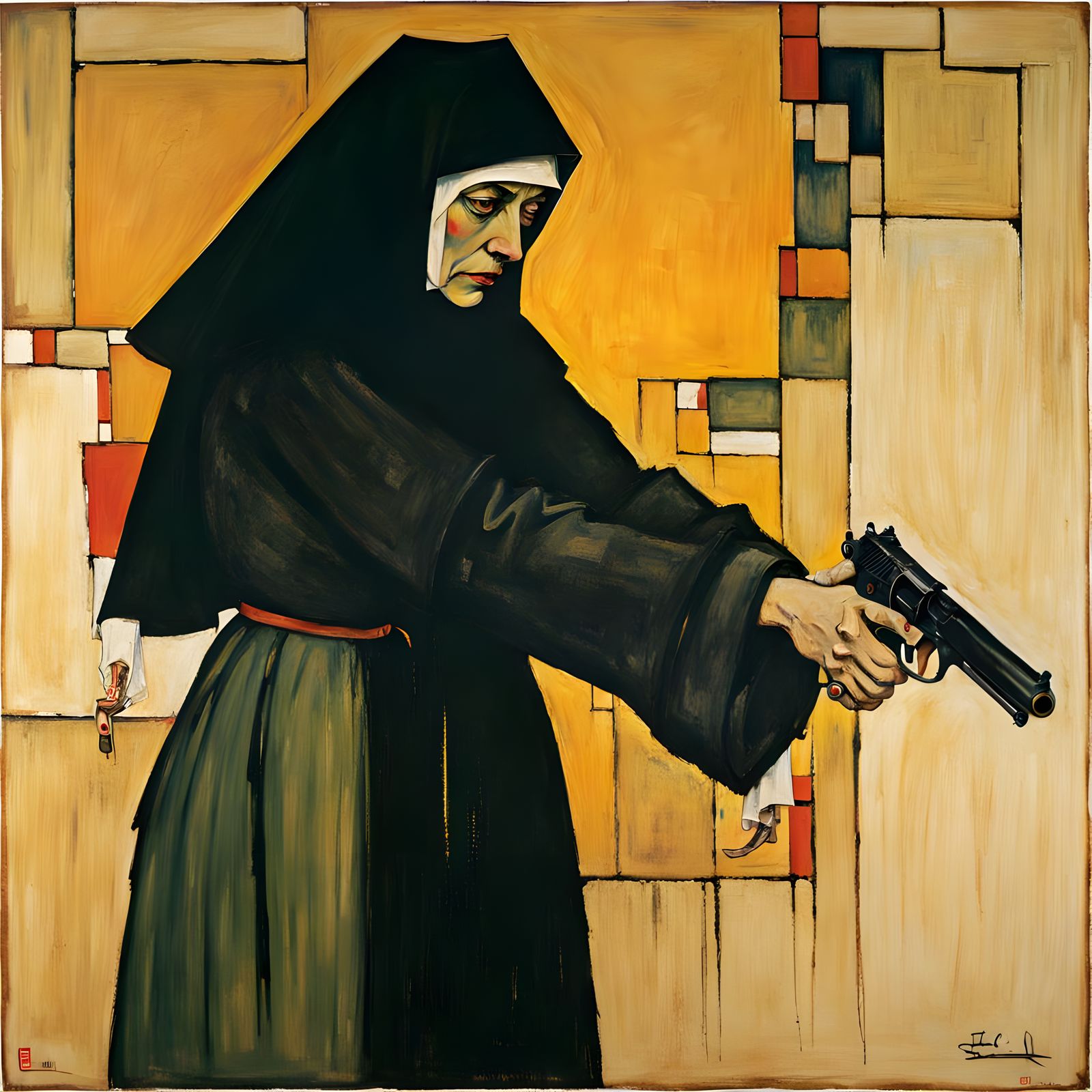 Surreal Nun Firing Pistol Art